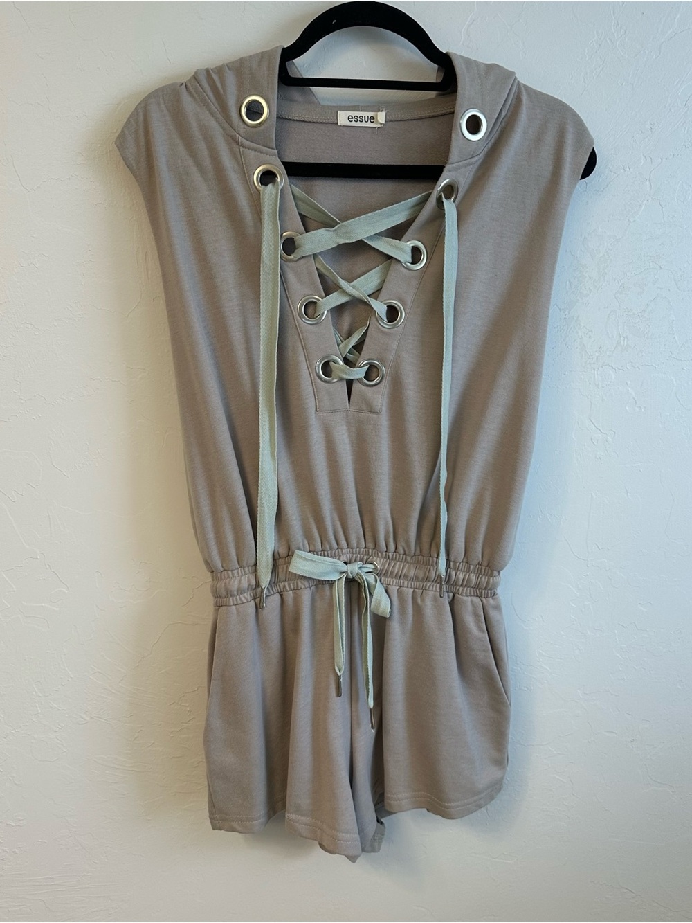 essue Taupe Lace-Up Hooded Romper with Sage Ties